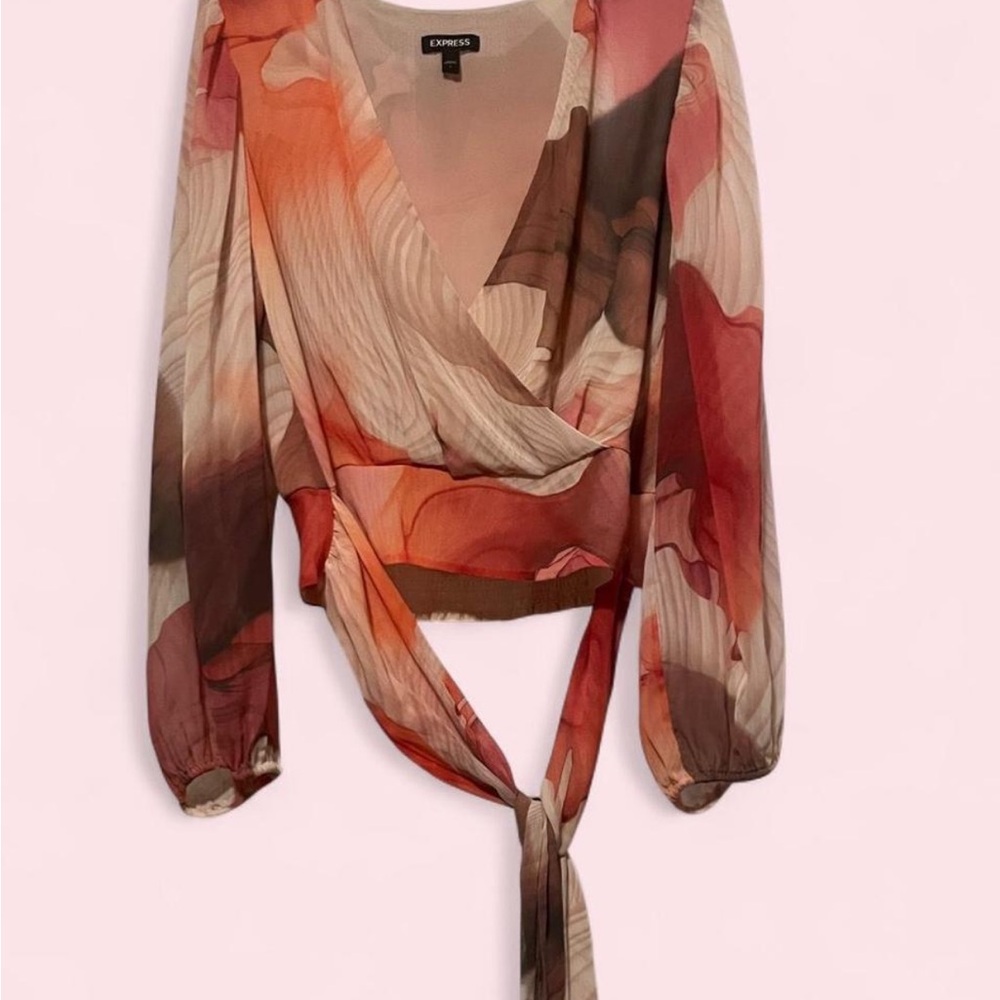 Express Women's Wrap Blouse - Red and Brown Floral